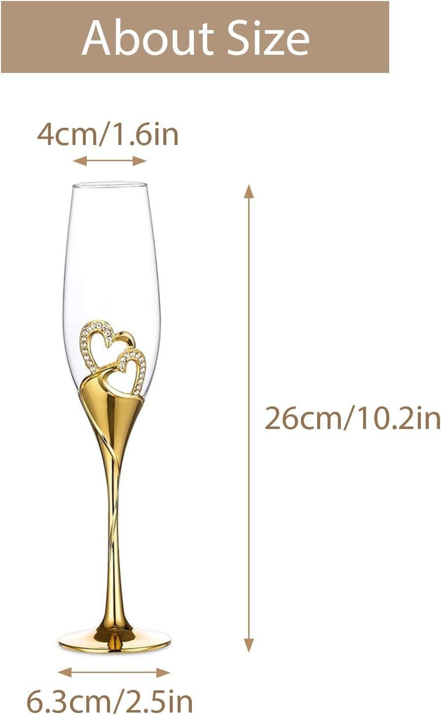 Wedding Champagne Glass Set Gold Toasting Flute Glasses Deluxe Pack of 2 with Rhinestone Rimmed Hearts - Decotree.co Online Shop
