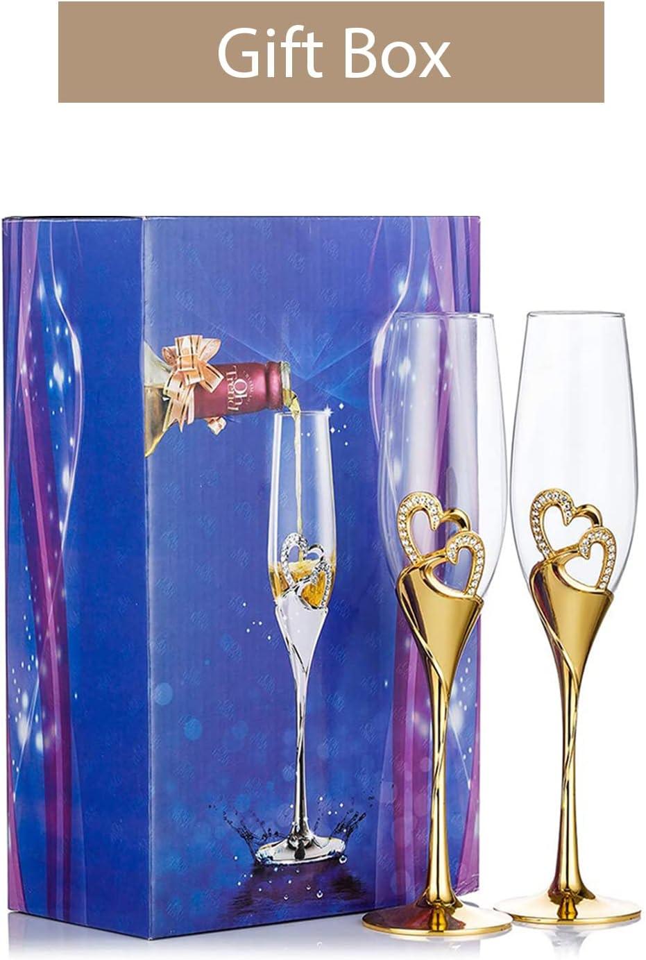 Wedding Champagne Glass Set Gold Toasting Flute Glasses Deluxe Pack of 2 with Rhinestone Rimmed Hearts - Decotree.co Online Shop