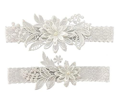 Wedding Garters for Bride Daisy Lace Bridal Garter Hand Sewn Faux Pearls Garter Set 2 Pieces (White) - Decotree.co Online Shop