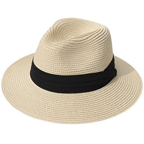 Women Wide Brim Straw Panama Roll up Hat Fedora Beach Sun Hat UPF50+ - Decotree.co Online Shop