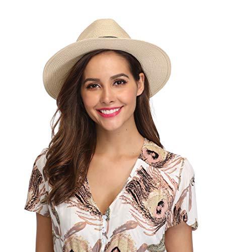 Women Wide Brim Straw Panama Roll up Hat Fedora Beach Sun Hat UPF50+ - Decotree.co Online Shop