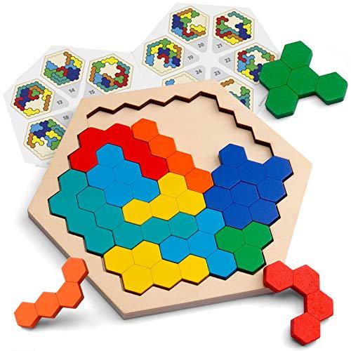 Wooden Hexagon Puzzle for Kid Adults - Shape Pattern Block Tangram Brain Teaser Toy Geometry Logic IQ Game STEM Montessori Educational Gift for All Ages Challenge - Decotree.co Online Shop