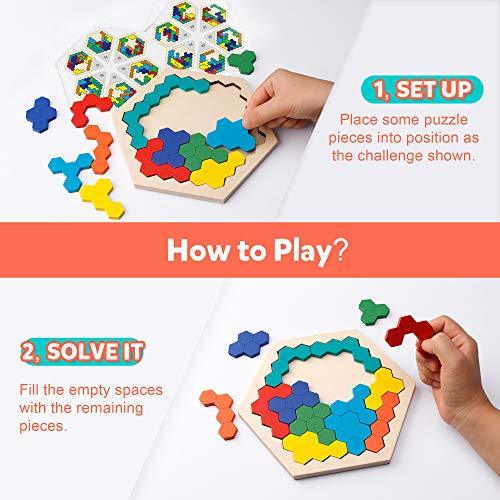 Wooden Hexagon Puzzle for Kid Adults - Shape Pattern Block Tangram Brain Teaser Toy Geometry Logic IQ Game STEM Montessori Educational Gift for All Ages Challenge - Decotree.co Online Shop