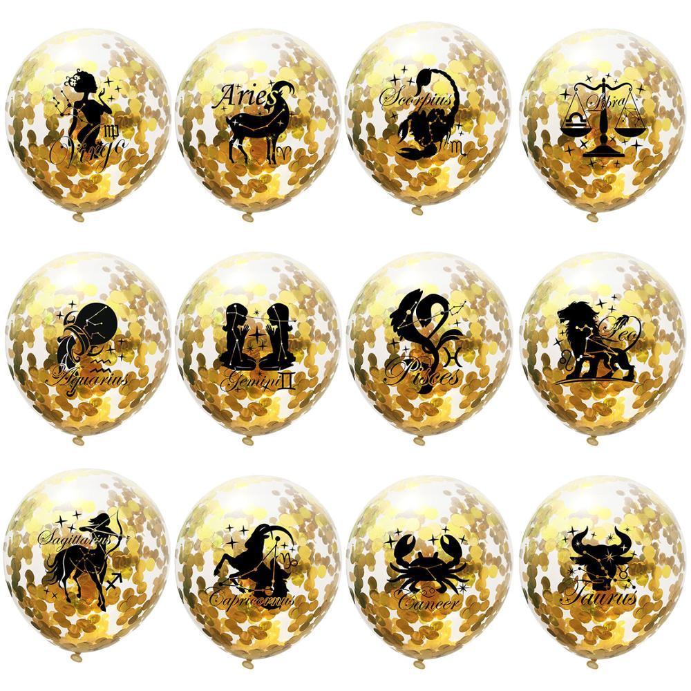Zodiac Sign Sequin Birthday Balloon - Gold & White - Birthday Wedding New Year Baby Shower - 10 Pieces - 12 Inches - Decotree.co Online Shop